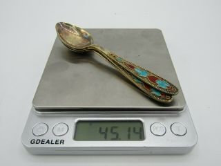 Antique Adam Yuden Multi - Color Floral Enamel Vermeil 875 Russian Silver Spoons 8