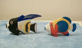 Set Of 2 Hand Painted Carved Wood Tropical Fish Figure Sculpture Folk Art