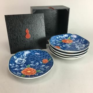Japanese Porcelain Plate 5 Pc Set Vtg Camellia Flower Wood Box Handle Px16