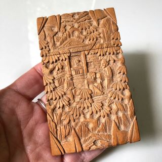 Antique Chinese Hand Carved Wood Card Case Holder Cantonese Figures 1800s