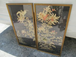Antique Chinese Silk Embroidered Panels With Bird Large 40 " By 19 "