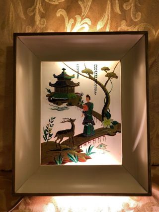 Vintage Chinese Reverse Glass Painting Of A Woman And Deer With Light