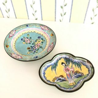2 Vintage Cloisonne Chinese Enamel Copper Painted Dish Woman Trinket Tray
