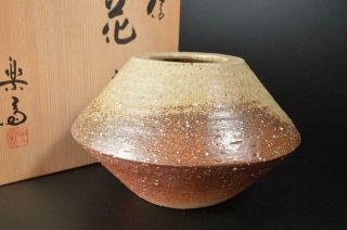 T9135: Japanese Shigaraki - Ware Big Flower Vase Rakusai Made W/signed Box