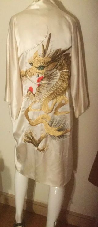 Vtg Japan Embroidered Cream Belted 3 Gold Dragons 100 Silk Robe Kimono Nwt Os