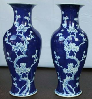 Pair 2 X Large 12 " Blue & White Signed Chinese Prunus Baluster Vases - Antique