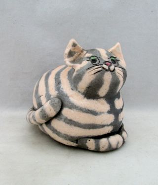 Valerie Willy,  Australia,  Raku Studio Pottery Pink & Grey Striped Seated Cat