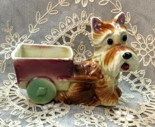 Vintage Terrier Planter Figurine Scottie Dog And Wagon