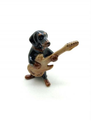 Black Dachshund Dog Playing Guitar Ceramic Figurine Animal Statue - Fg056
