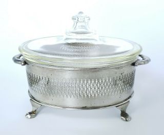 Pyrex Oval Glass Covered Casserole Dish With Silver Metal Stand Cradle