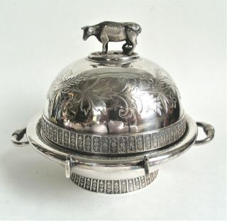 Meriden B Antique Victorian Figural Cow Finial Butter Dome Silverplate Dish 4956