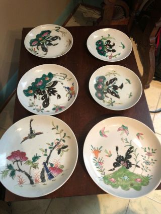 Antique Chinese Porcelain Famille Rose Bottle Set Of 6 Plates Dragonfly & Flower