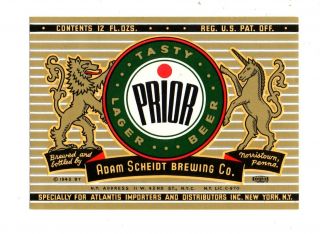 1940s Adam Scheidt,  Norristown,  Pa Atlantis Importers Lager Beer Irtp Label