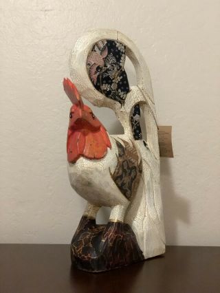 Wood Carved Rooster Statue Figure Painted Wooden Folk Art Chicken 13 3/4 Inches