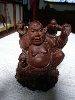 Vintage Solid Wood Carved Indian Buddha With 3 Children