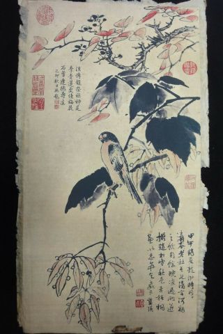 Rare Large Old Chinese Hand Painting Bird On Tree " Lanying " Marks