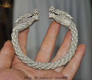 Collect Old Chinese Tibetan Silver Dragon Head Bracelet Amulet Bracelets Bangle