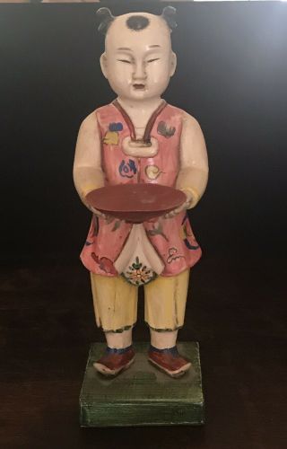 Vintage Chinese Wood Carving Temple Boy Statue 9 Inches Tall