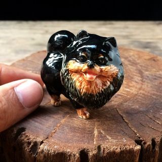 ฺnew Black And Tan Pomeranian Dog Ceramic Figurine Dollhouse Miniature Handmade