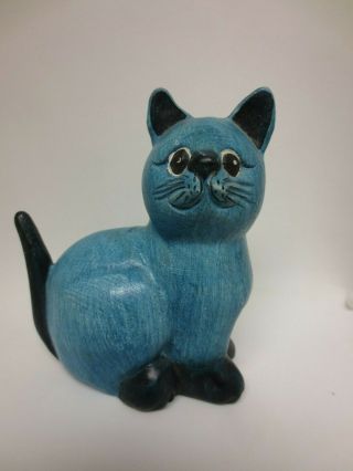 Siamese Cat Hand Carved Wood Painted Blue