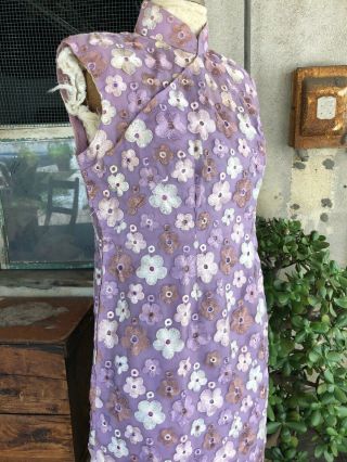 Vintage Chinese Cheongsam Dress Embroidered Flowers Purple Qipao 1930s 1940s 2