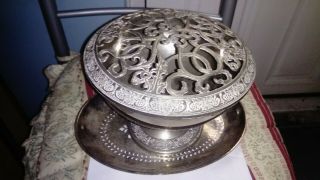 Vintage Large Silver - Plated Rose Bowl On Tray,  Very Decorative