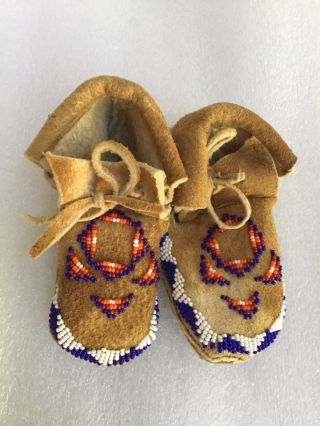 Antique Vintage Native American Indian Beaded Tribal Baby Boots Deerhide4.  5in