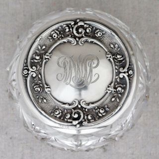 Antique La Pierre Sterling Silver Repousse Rose Cut Glass Vanity Dresser Jar Box