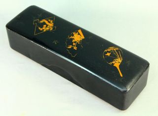 Antique Meiji (1868 - 1912) Japanese Hand Painted Black Lacquered Wood Box