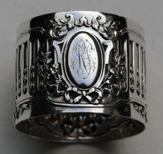 Antique French Sterling Silver Napkin Ring Louis Xvi Fluted Details & Ribbons