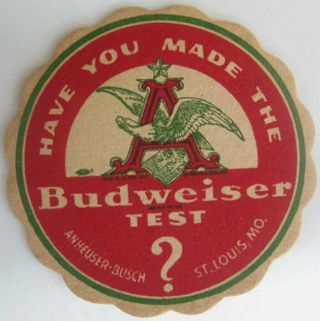 Budweiser Test 1940s Beer Coaster Mat W/ Eagle Anheuser - Busch,  St Louis Missouri