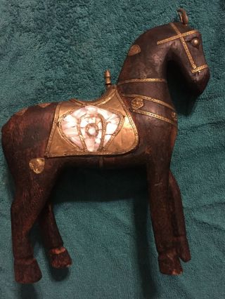 Vintage Carved Wooden 12 Inch Horse Figurine - Statue/with Brass/stone Inlay