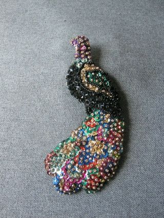 Vintage Hand Embroidery Colors Beads & Sequins Peacock Huge Pin