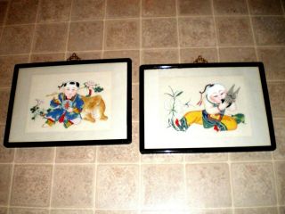 2 - Chinese Watercolor & Ink Paintings - Little Girl W/cow & Boy W/flute
