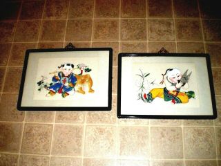 2 - Chinese Watercolor & Ink Paintings - Little Girl w/Cow & Boy w/Flute 2