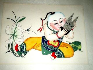 2 - Chinese Watercolor & Ink Paintings - Little Girl w/Cow & Boy w/Flute 8
