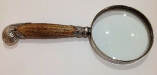 Antique Magnifying Glass With Silver Mounted Stag Antler Handle 1900
