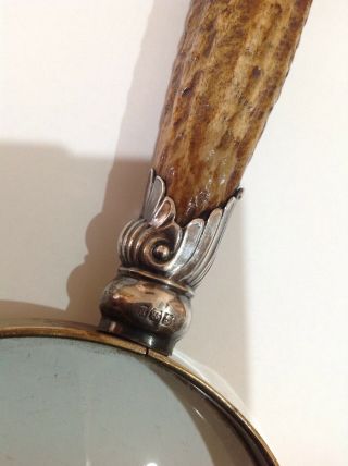 Antique Magnifying Glass With Silver Mounted Stag Antler Handle 1900 3
