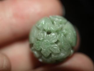 Vintage Carved Chinese Bead Green Jadeite Jade Flower Lingzhi 18mm Round RARE 2
