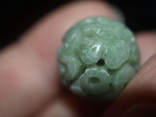 Vintage Carved Chinese Bead Green Jadeite Jade Flower Lingzhi 18mm Round RARE 3