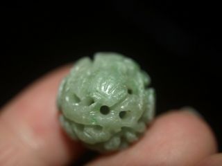 Vintage Carved Chinese Bead Green Jadeite Jade Flower Lingzhi 18mm Round RARE 5