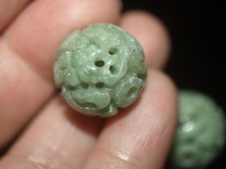 Vintage Carved Chinese Bead Green Jadeite Jade Flower Lingzhi 18mm Round RARE 7