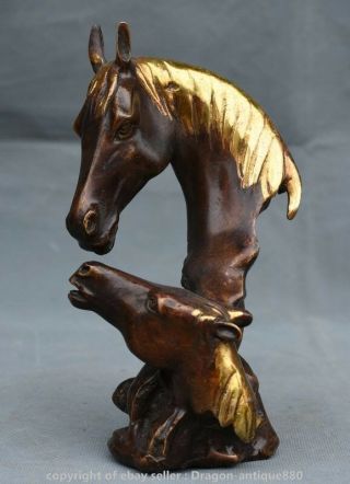 6.  4 " Old China Bronze Gilt Feng Shui Two Horse Head Bust Sculpture Decoration S