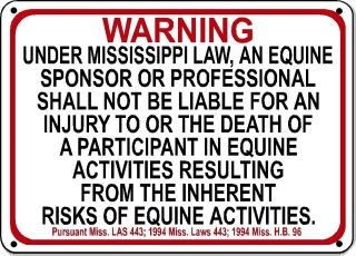 Mississippi Equine Sign Activity Liability Warning Statute Horse Barn Stable