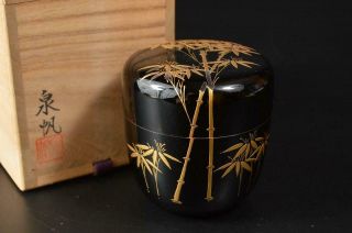 T7917: Japanese Wooden Bamboo Gold Lacquer Pattern Tea Caddy Natsume W/box