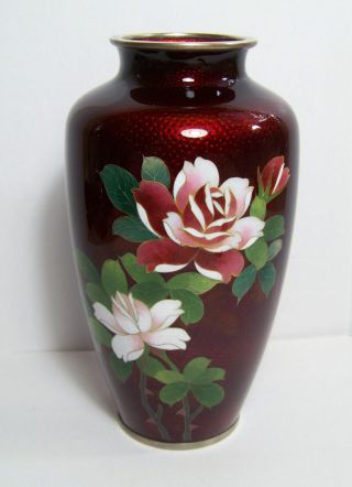 Japanese Pigeon Blood Ginbari Cloisonne Vase With Roses Vase 7 1/8 Inch Vintage