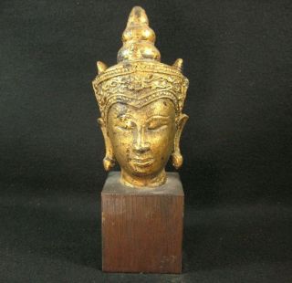 Antique Gilded Bronze Sukhothai Buddha Head On Teak Wood Stand