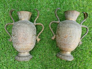 Indian Brass Urn Vase With Cobra Handles Ornately Engraved