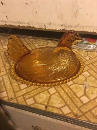 Vintage,  Indiana Glass Hen,  Amber Colored,  Candy Dish,  7 ",  Nesting Hen Chicken