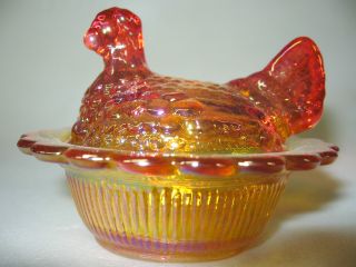 Marigold Carnival Glass Salt Cellar Hen / Chicken On Nest Basket Dish Iridescent